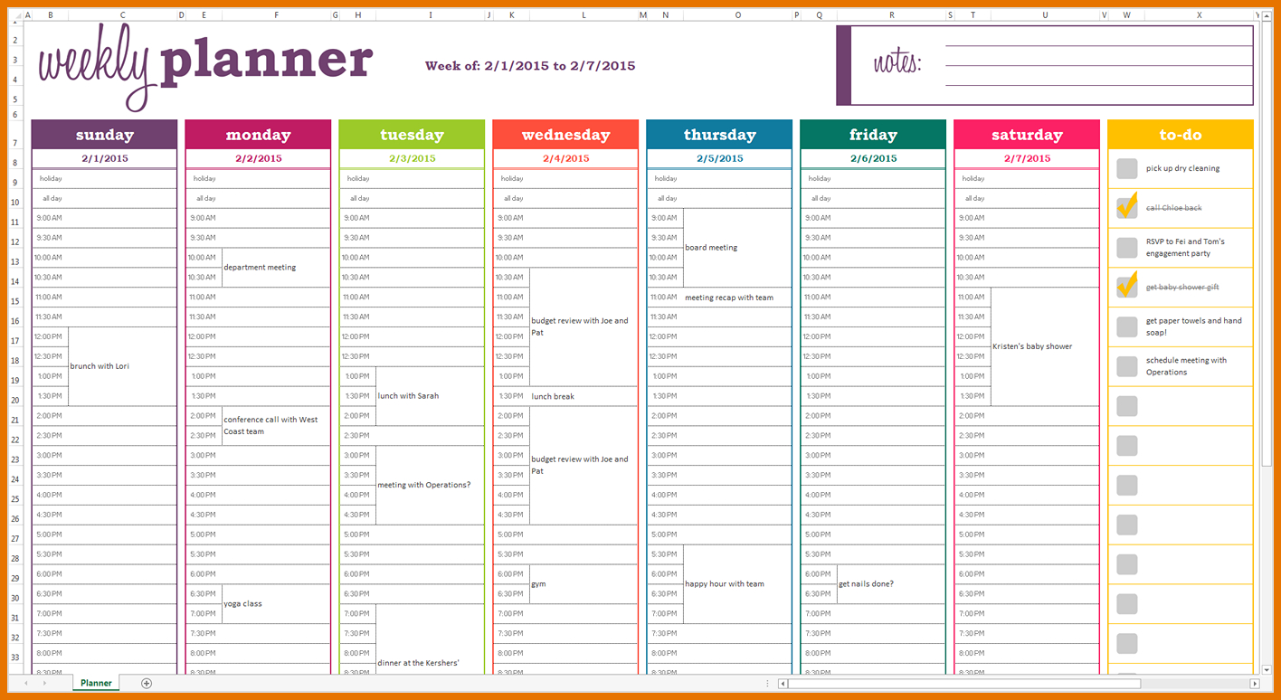 Dynamic Weekly Planner Excel Template Screen View Example intended for measurements 1416 X 774