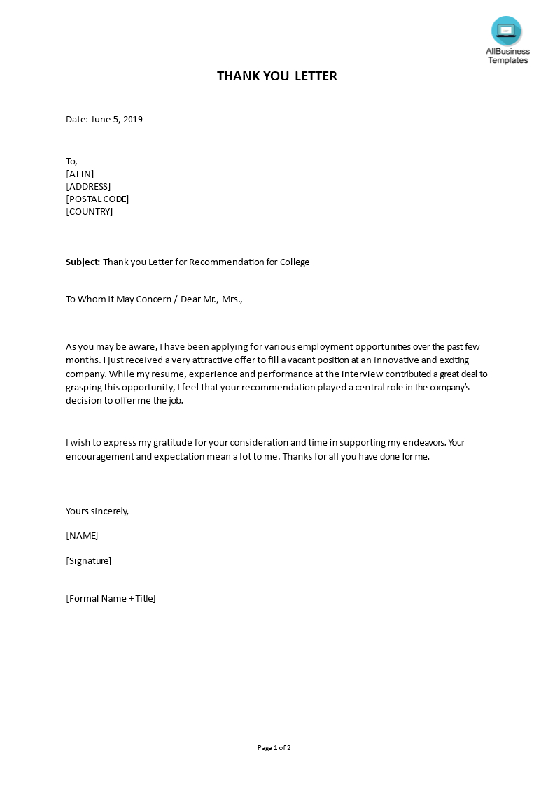 Editable Job Recommendation Thank You Letter with regard to size 793 X 1122