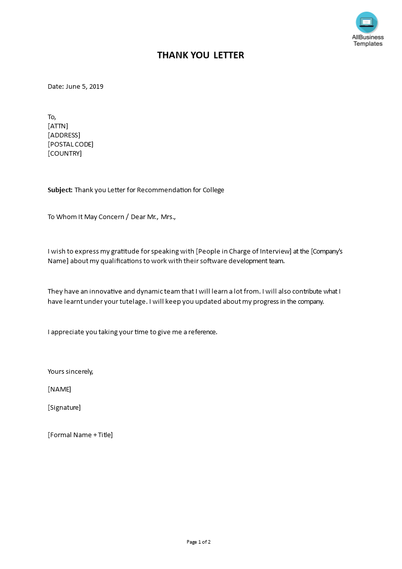 Editable Thank You Letter For Job Recommendation in dimensions 793 X 1122