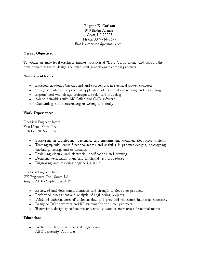 Electrical Engineering Entry Level Resume Template with dimensions 815 X 1055