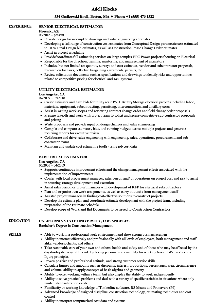 Electrical Estimator Resume Samples Velvet Jobs in dimensions 860 X 1240