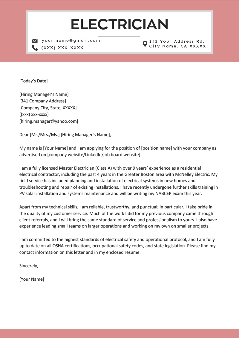 Electrician Cover Letter Sample Writing Tips Resume Genius with regard to sizing 800 X 1132