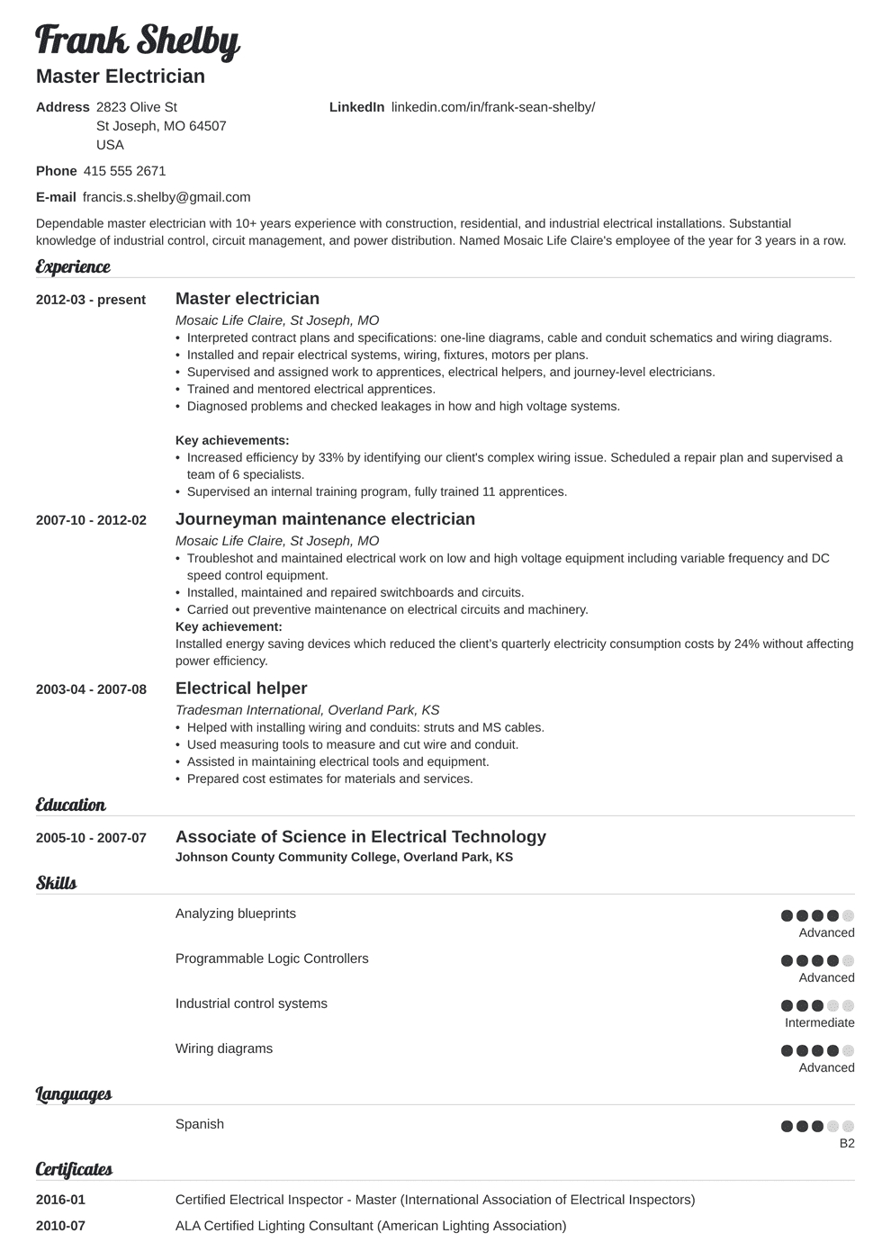 Electrician Resume Examples Apprentice Journeyman Master within dimensions 990 X 1400