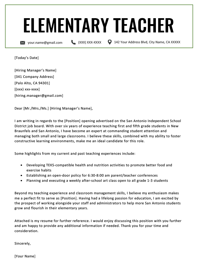 Elementary Teacher Cover Letter Example Writing Tips for proportions 800 X 1132