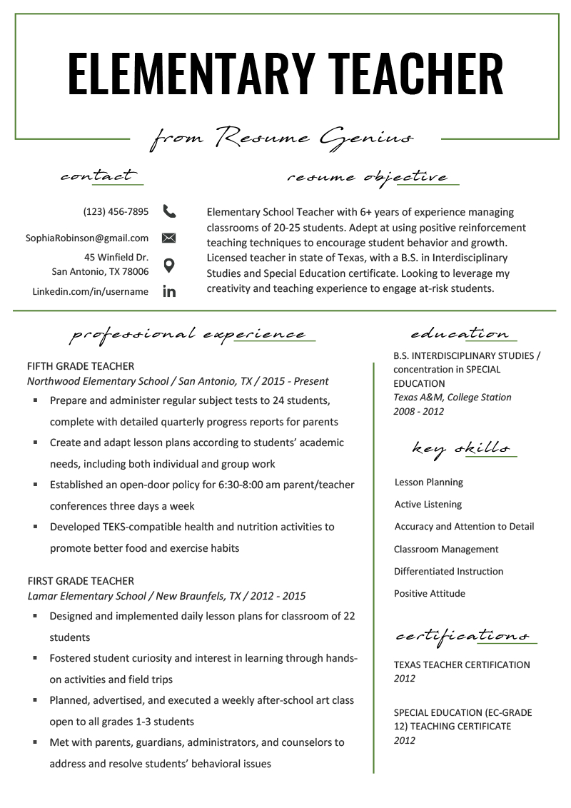 Elementary Teacher Resume Samples Writing Guide Resume inside size 800 X 1132