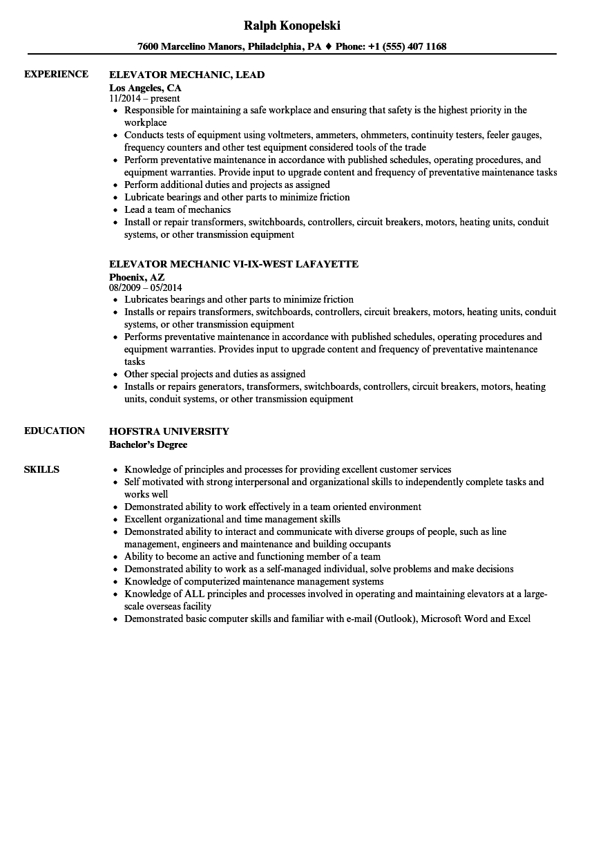 Elevator Mechanic Resume Samples Velvet Jobs inside size 860 X 1240