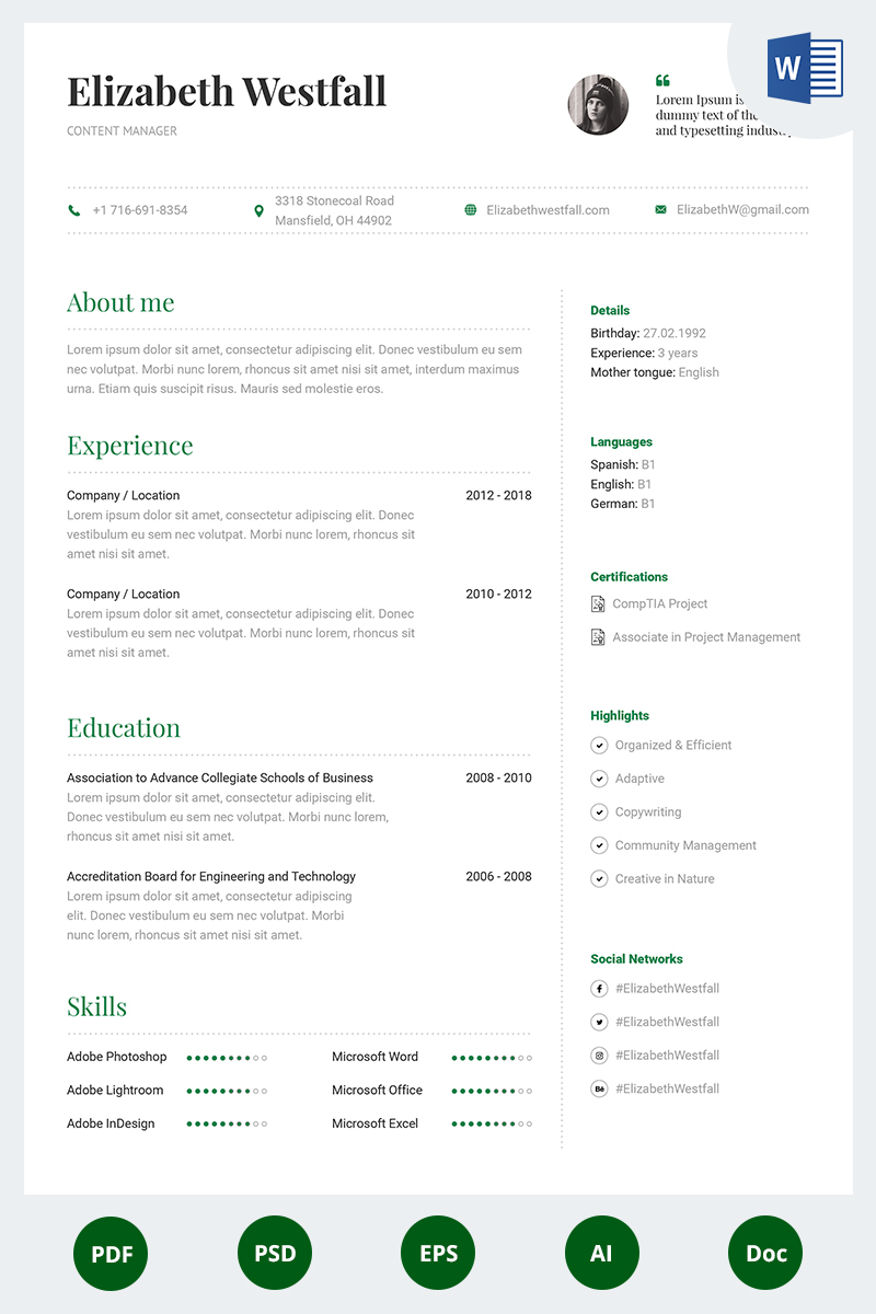 Elizabeth Westfall Content Manager Resume Template inside size 800 X 1200