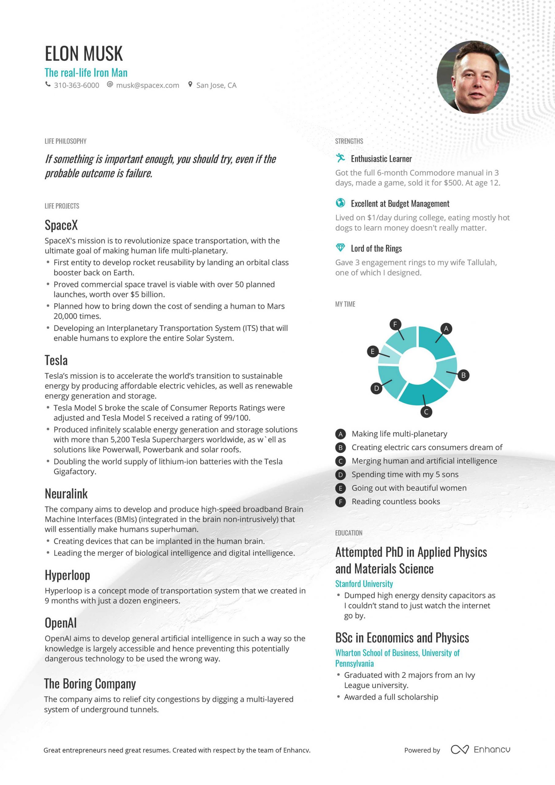 Elon Musks Ceo Resume Example In One Page Enhancv in measurements 2479 X 3507