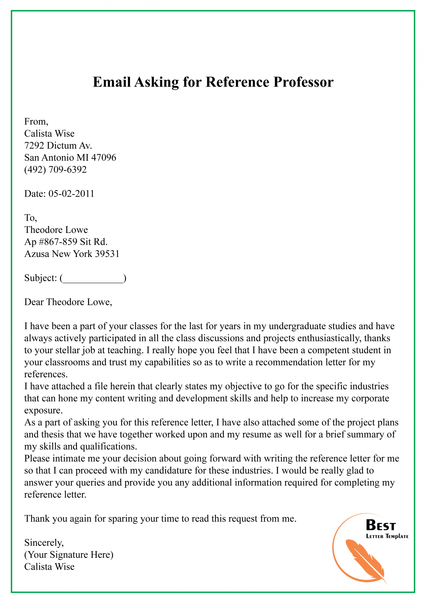 Email Asking For Reference Professor 01 Best Letter Template throughout dimensions 2480 X 3508