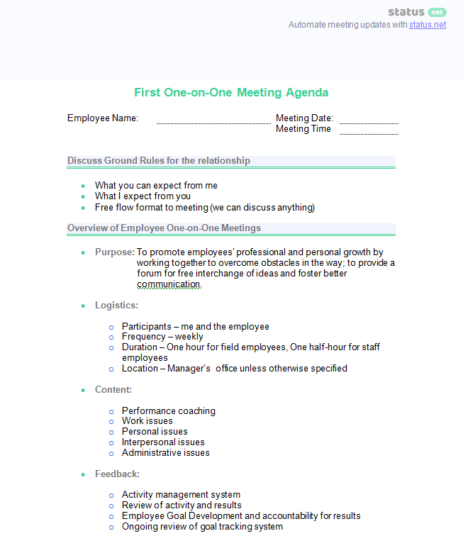 Printable One On One Meeting Template Excel