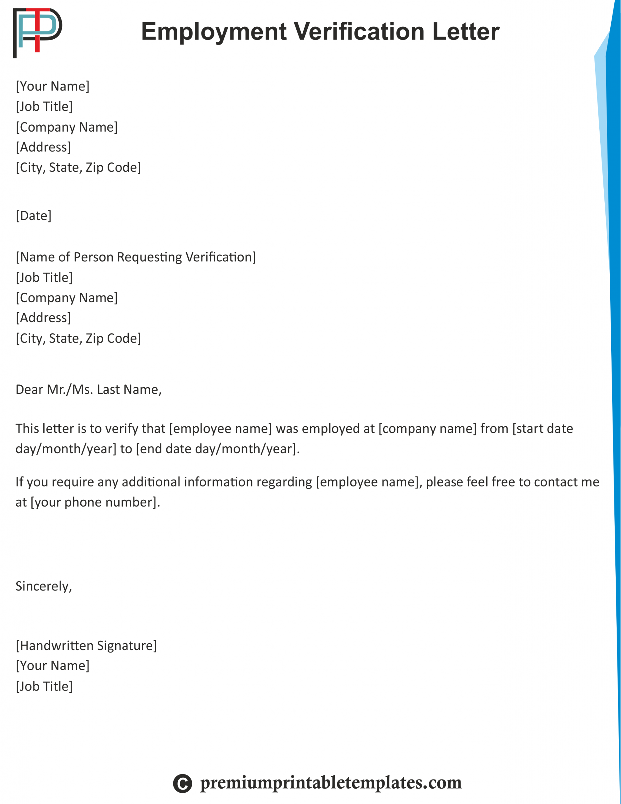 Employment Verification Letter Template Letter Template within measurements 2550 X 3300