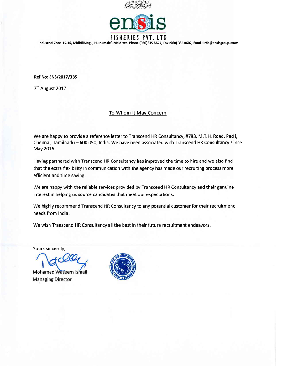 Ensis Maldives Recommendation Letter Transcend Group regarding sizing 900 X 1165