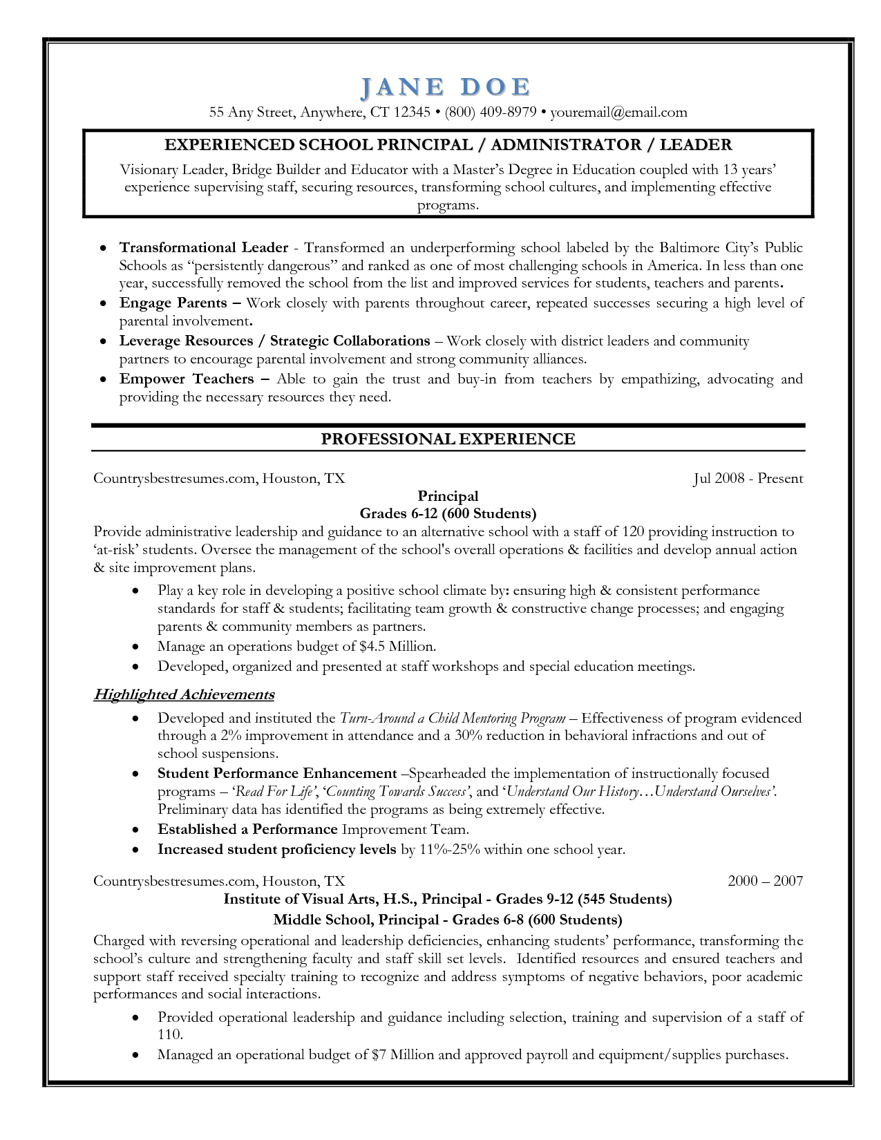 Entry Level Assistant Principal Resume Templates Senior with sizing 1275 X 1650