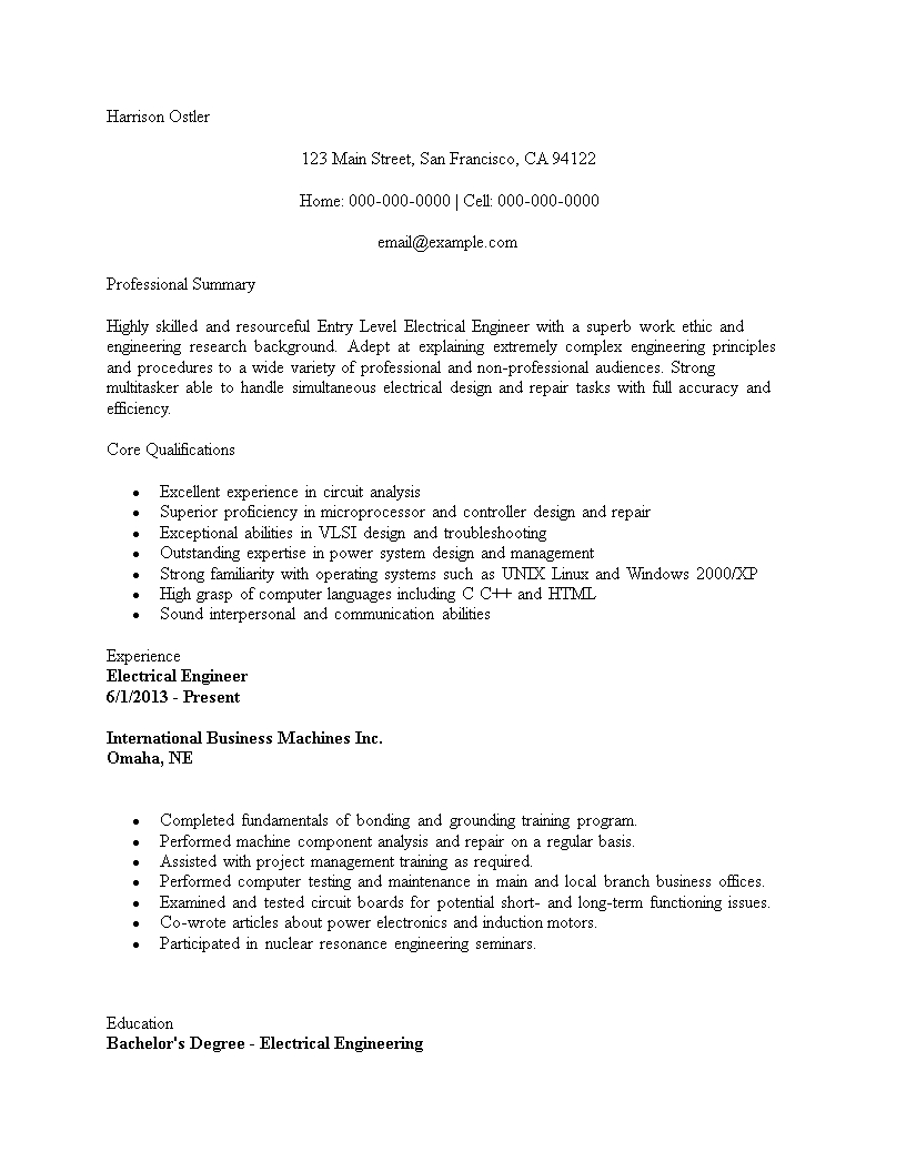 Entry Level Electrical Engineer Resume Template Templates regarding sizing 816 X 1056