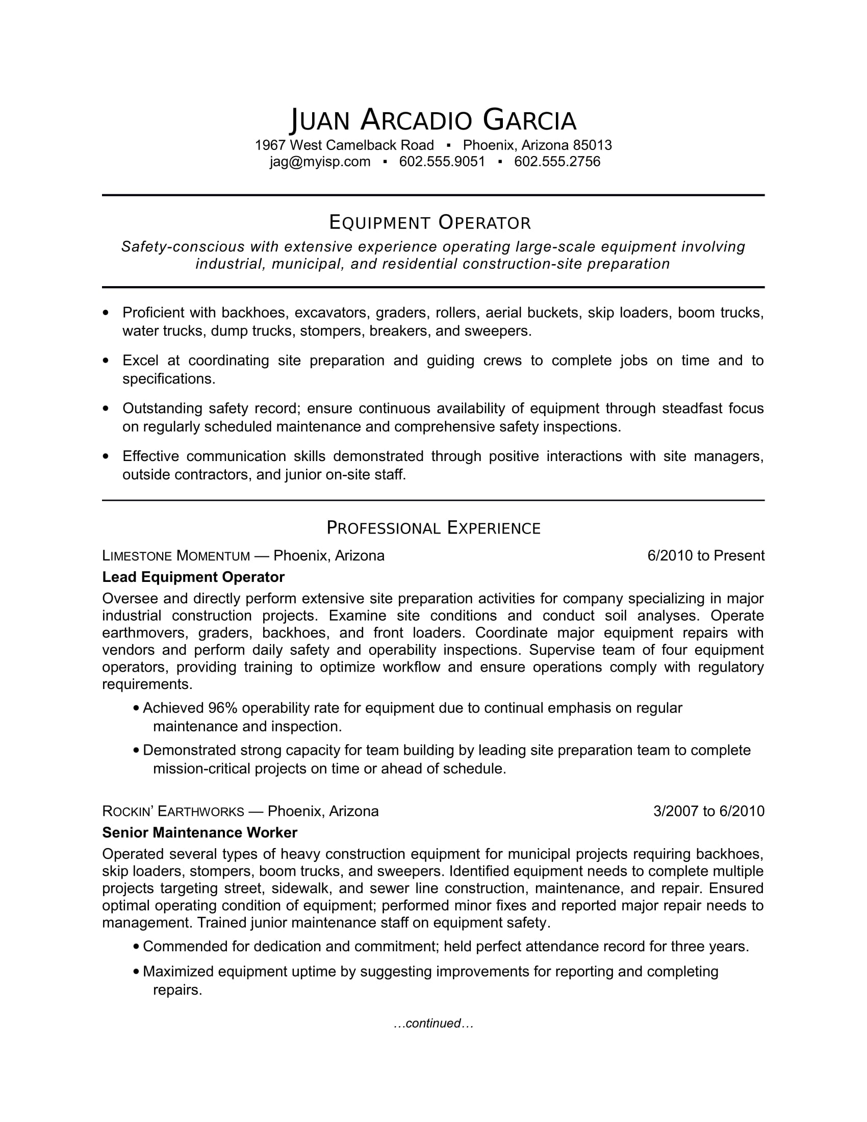 Equipment Operator Resume Sample Monster inside sizing 1700 X 2200