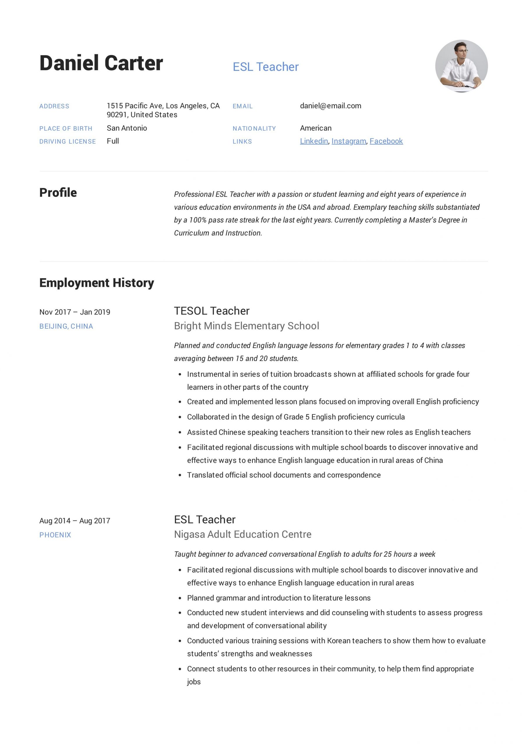 Esl Teacher Resume Writing Guide 12 Free Templates 2020 pertaining to proportions 2478 X 3507