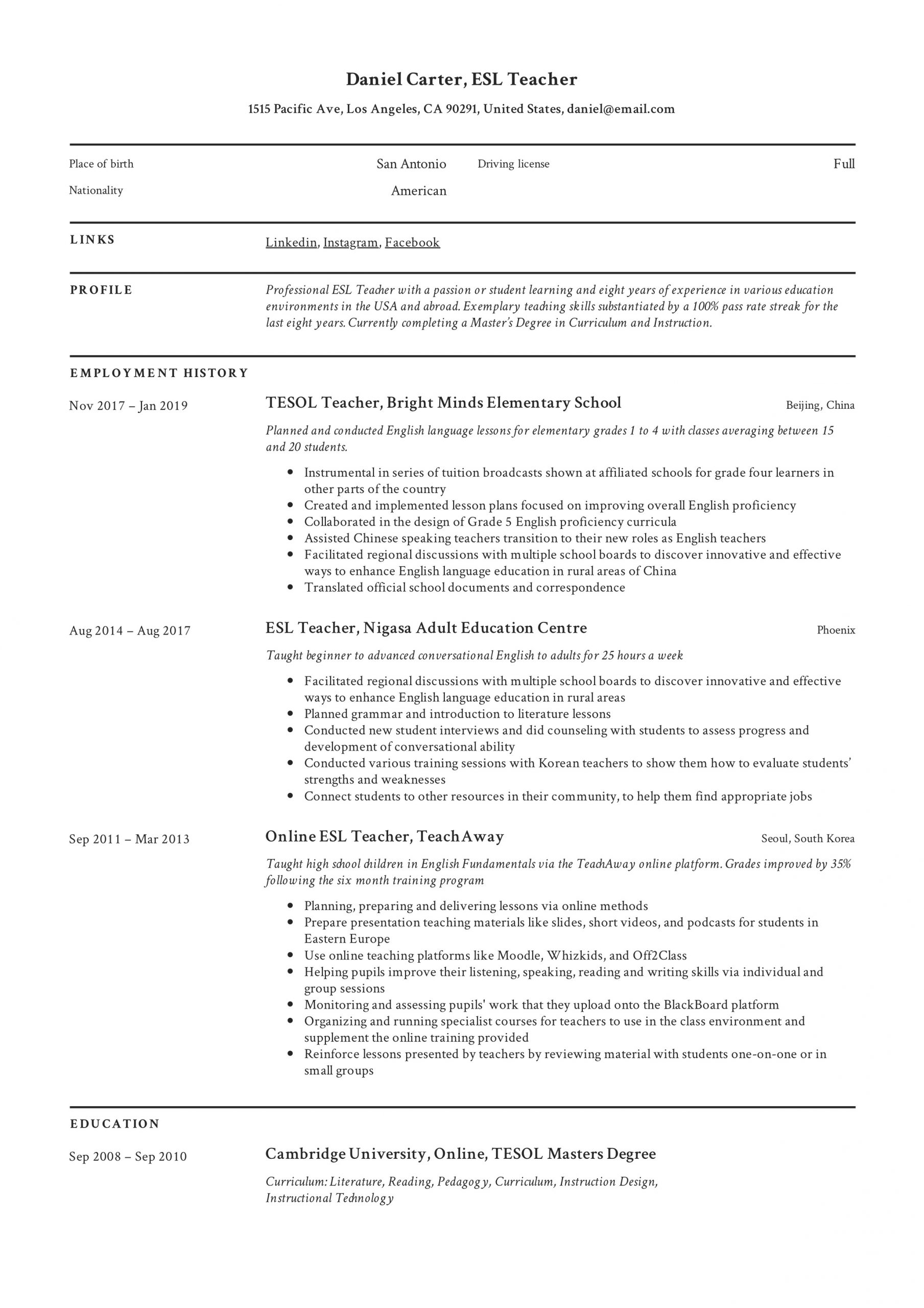 Esl Teacher Resume Writing Guide 12 Free Templates 2020 pertaining to proportions 2478 X 3507
