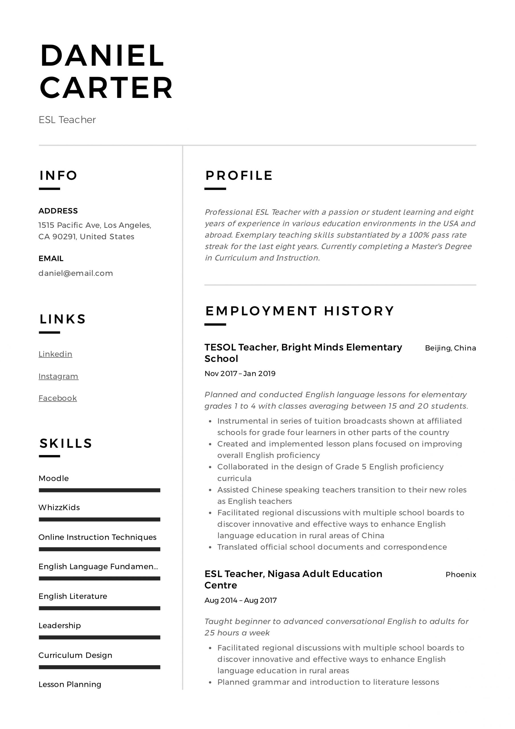 Esl Teacher Resume Writing Guide 12 Free Templates 2020 throughout proportions 2478 X 3507