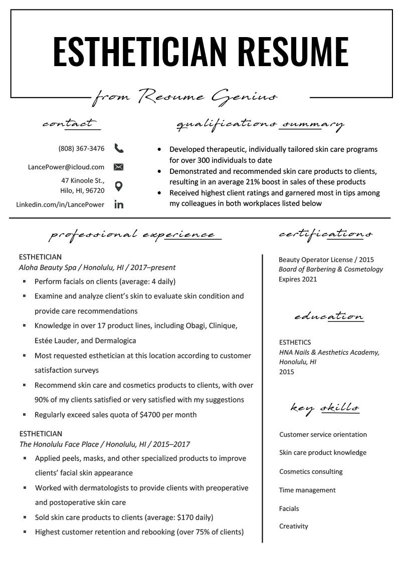 Esthetician Resume Brilliantdesignsin3d throughout proportions 800 X 1132