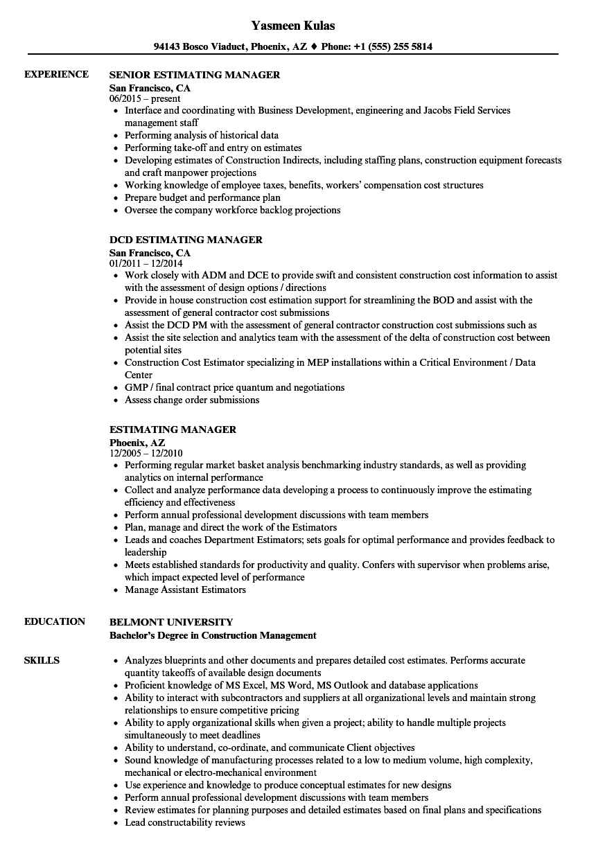 Estimating Manager Resume Samples Velvet Jobs inside proportions 860 X 1240