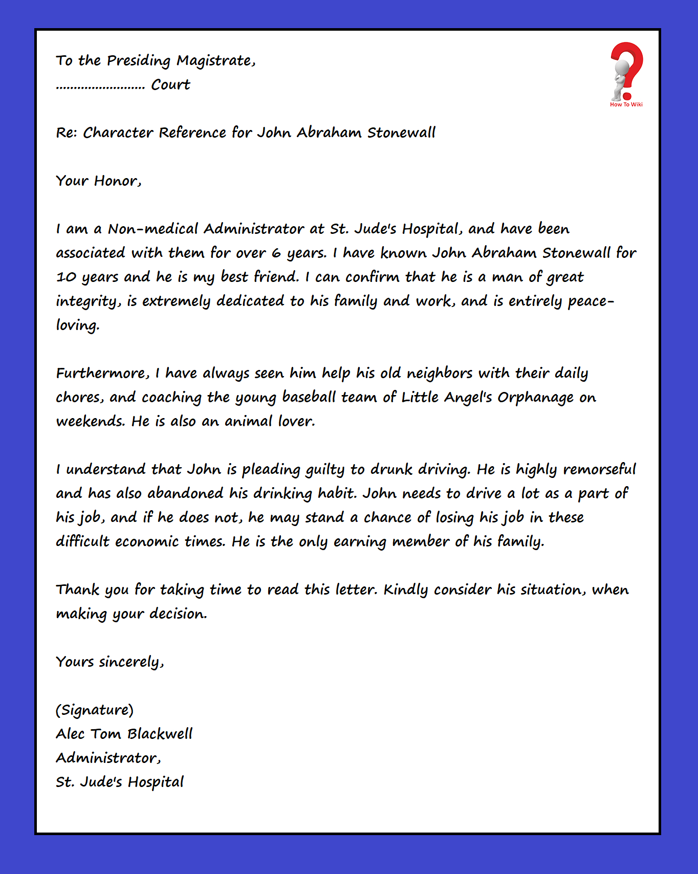 Character Reference Letter Template For Court Drink Driving