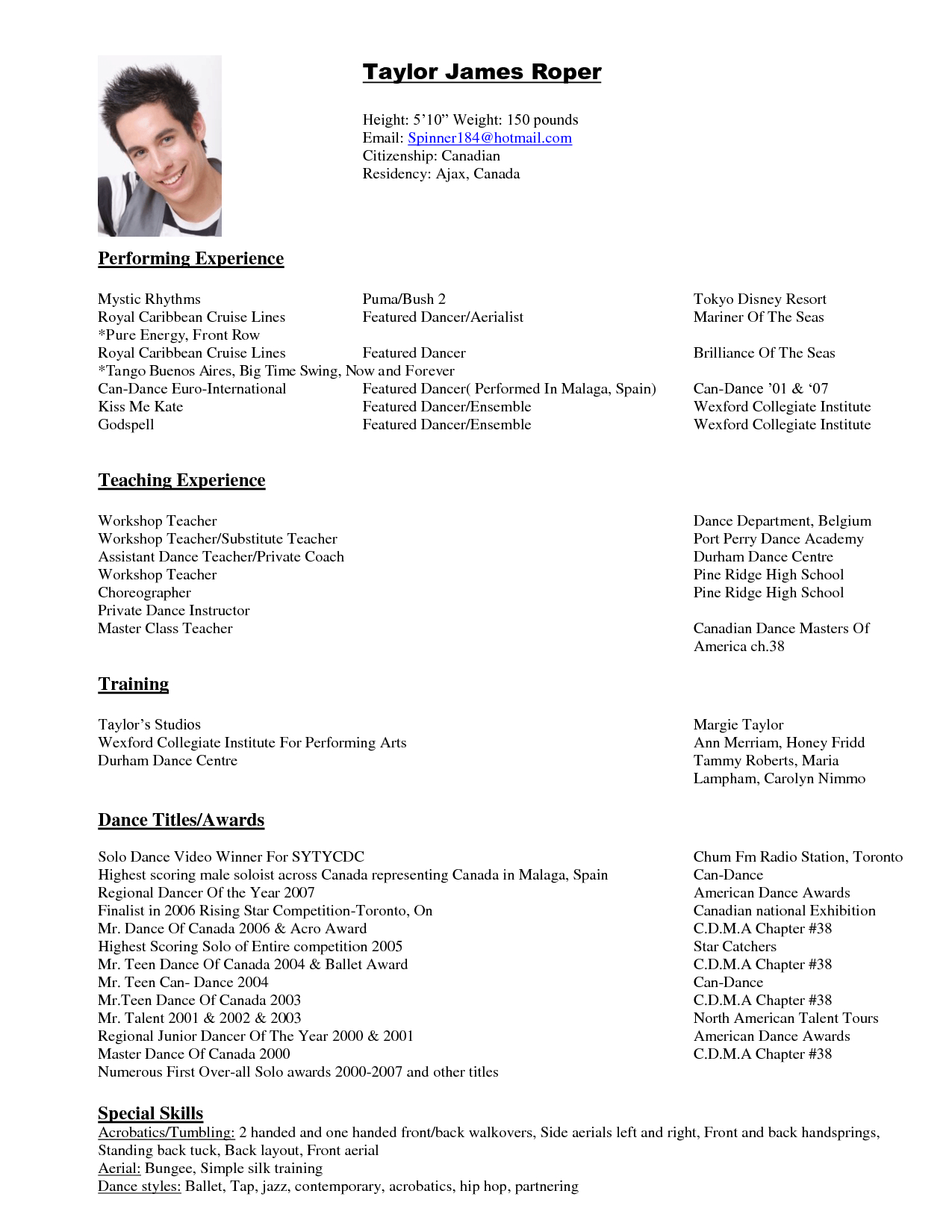 Example Of A Dance Resume intended for size 1275 X 1650