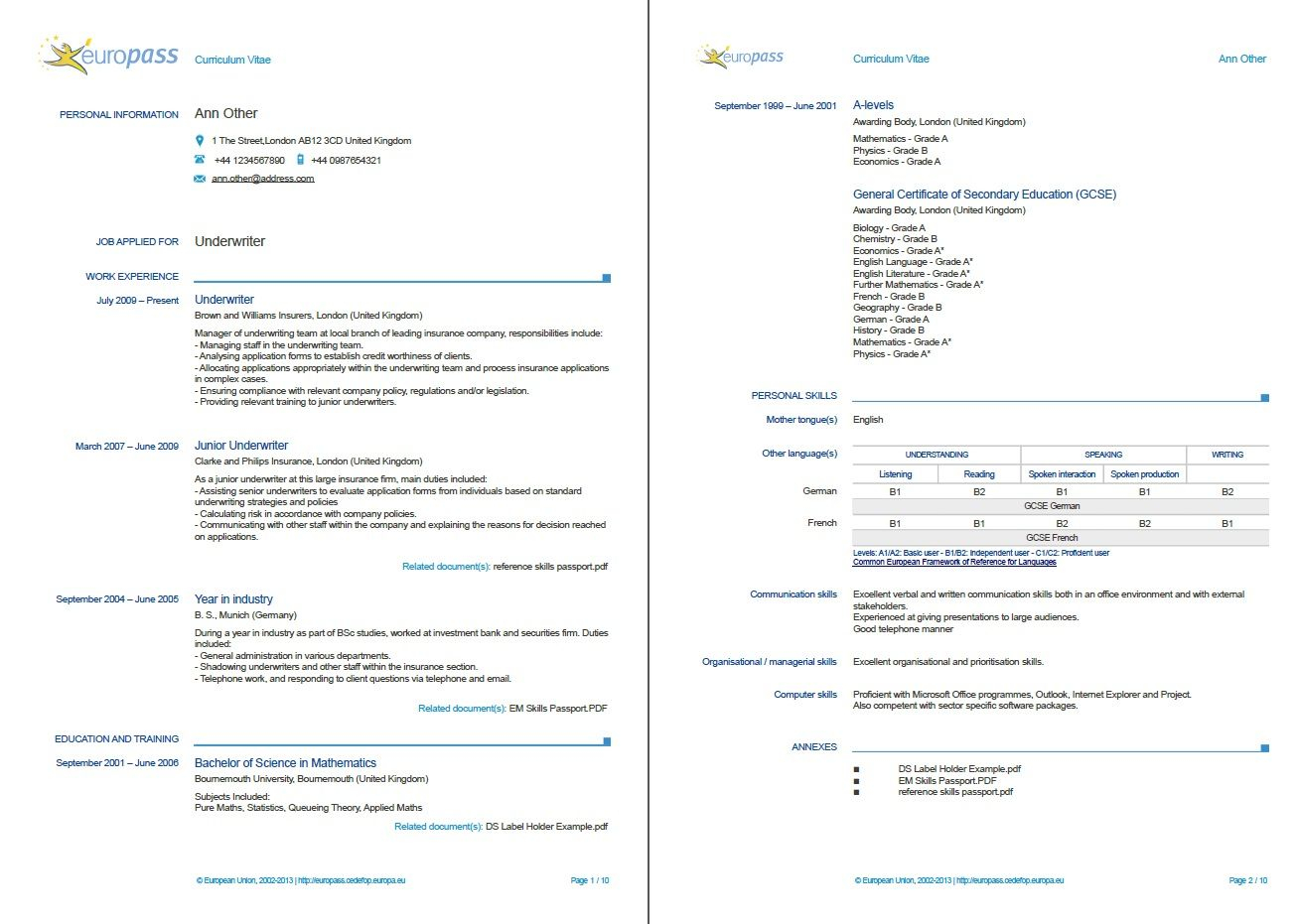 Example Of A Europass Cv More Examples Httpeuropass pertaining to measurements 1307 X 931