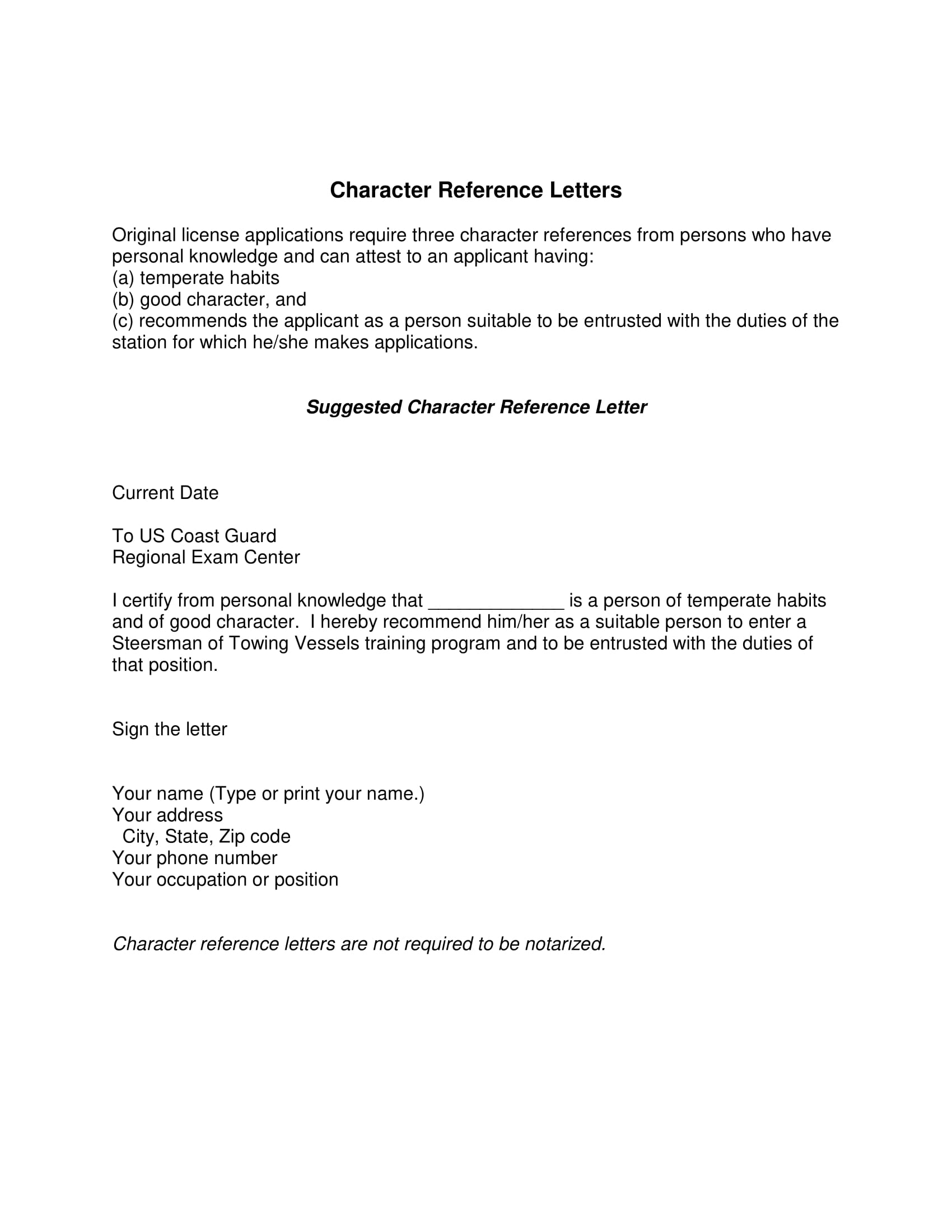 Letter of personal reference notarized