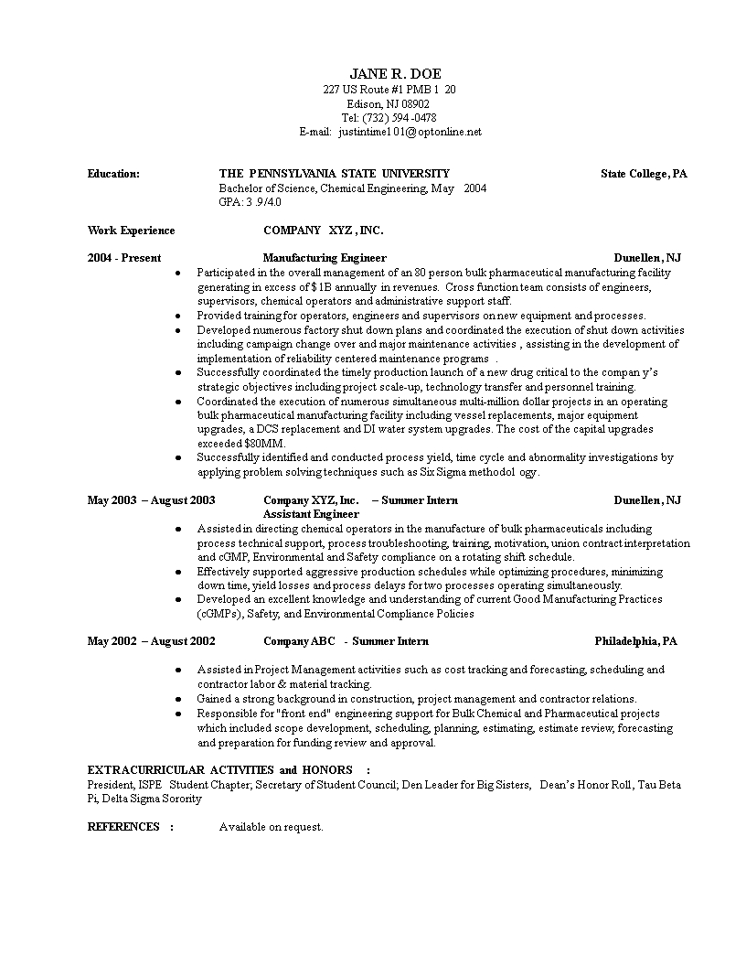 Experienced Chemical Engineer Resume Templates At inside size 816 X 1056