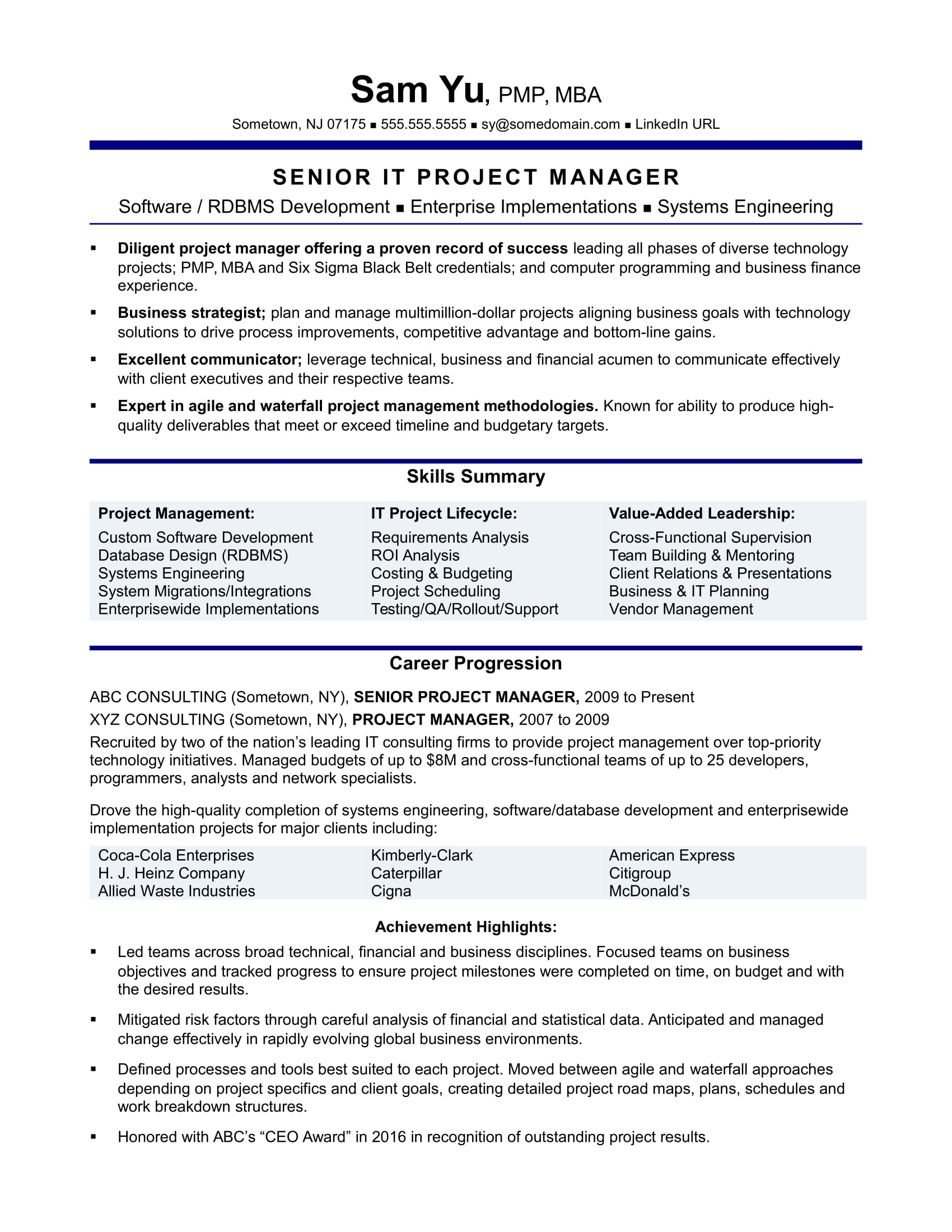 Experienced It Project Manager Resume Sample Monster inside proportions 1700 X 2200