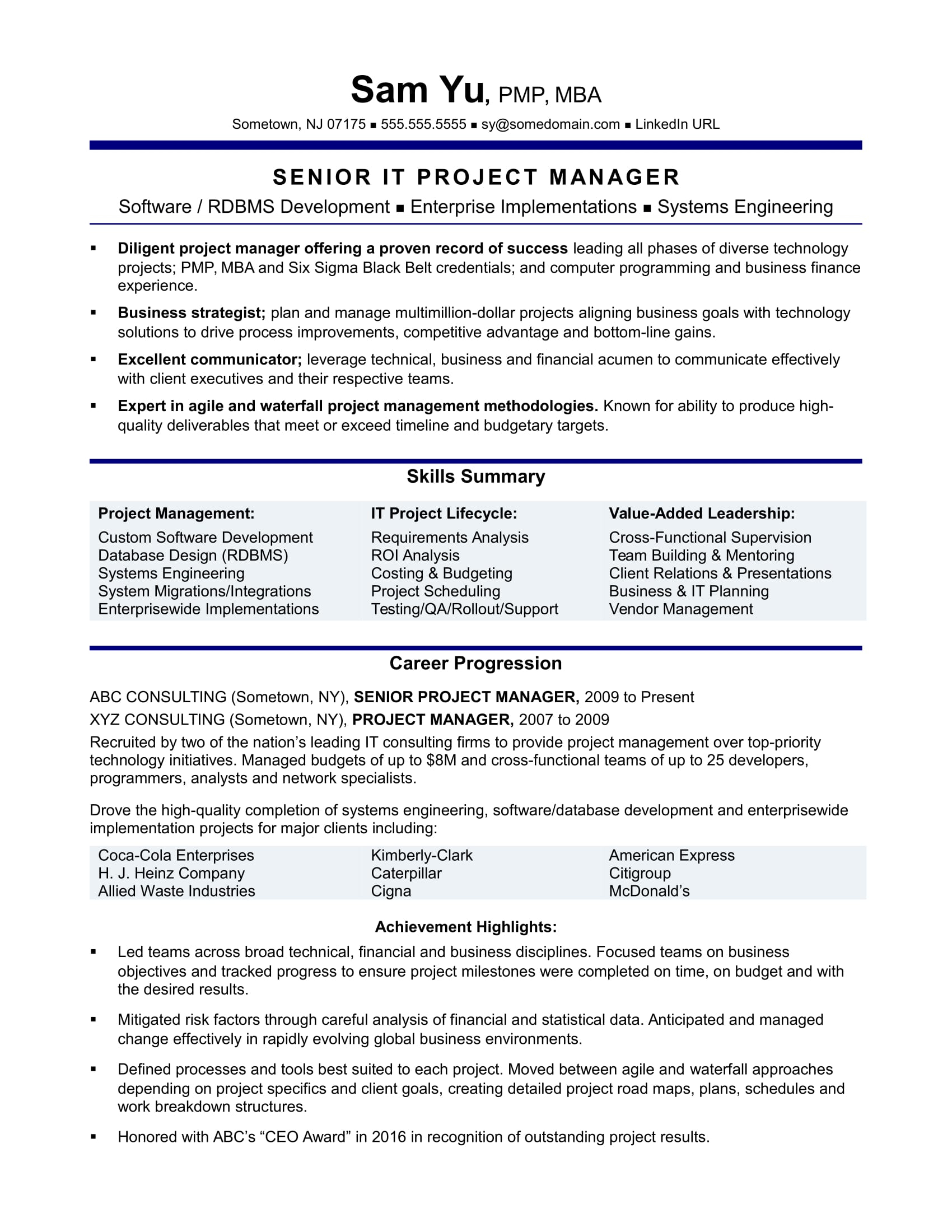 Experienced It Project Manager Resume Sample Monster within measurements 1700 X 2200