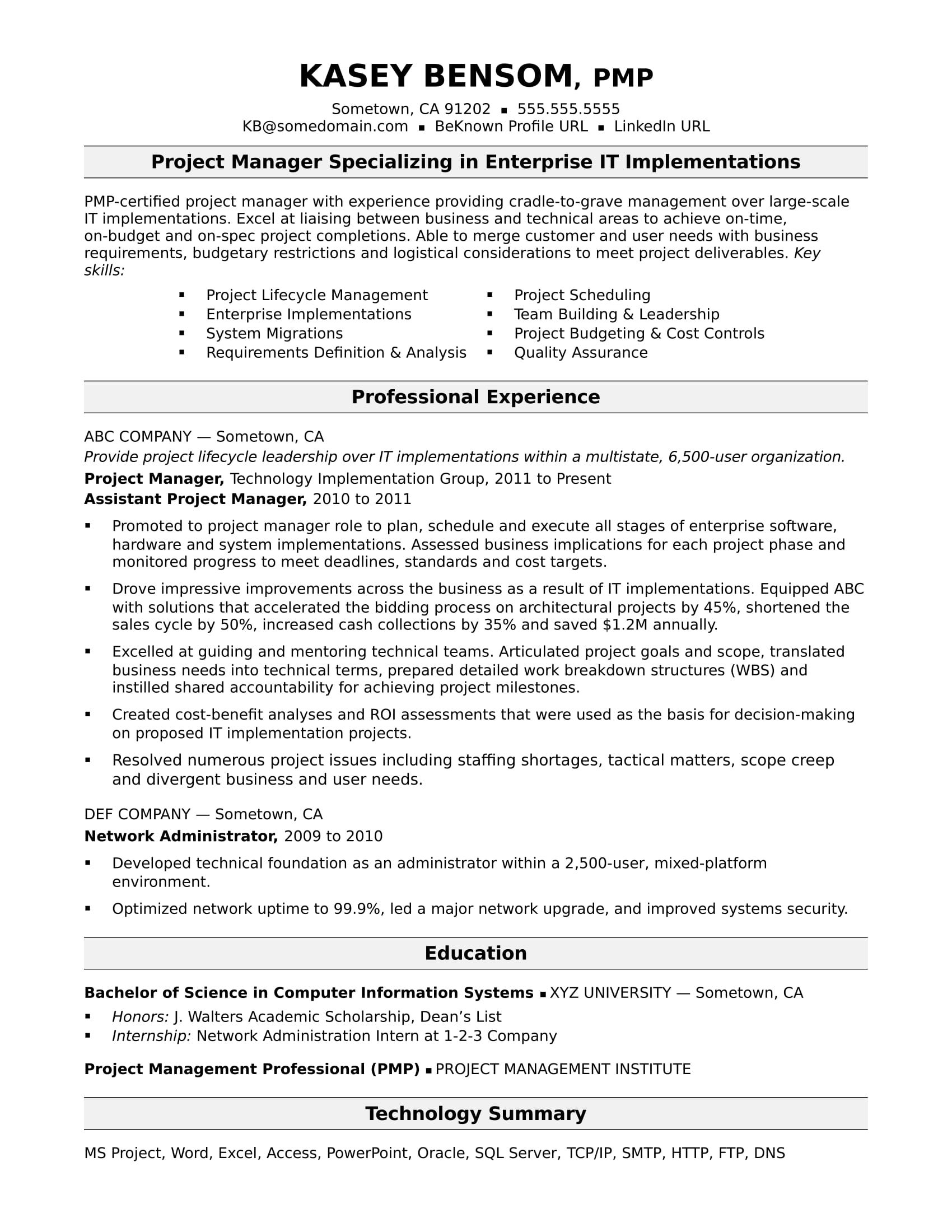 Experienced It Project Manager Resume Sample Project intended for dimensions 1700 X 2200