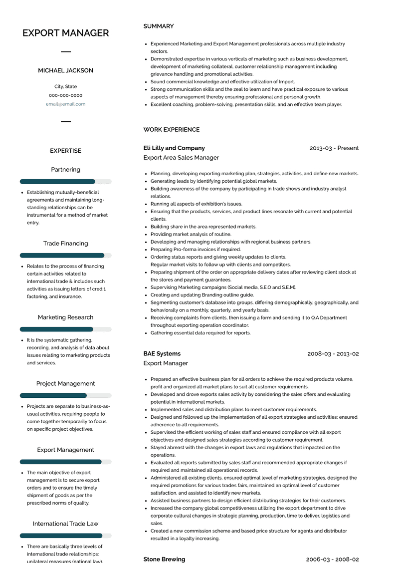 Export Manager Resume Samples And Templates Visualcv for dimensions 800 X 1128