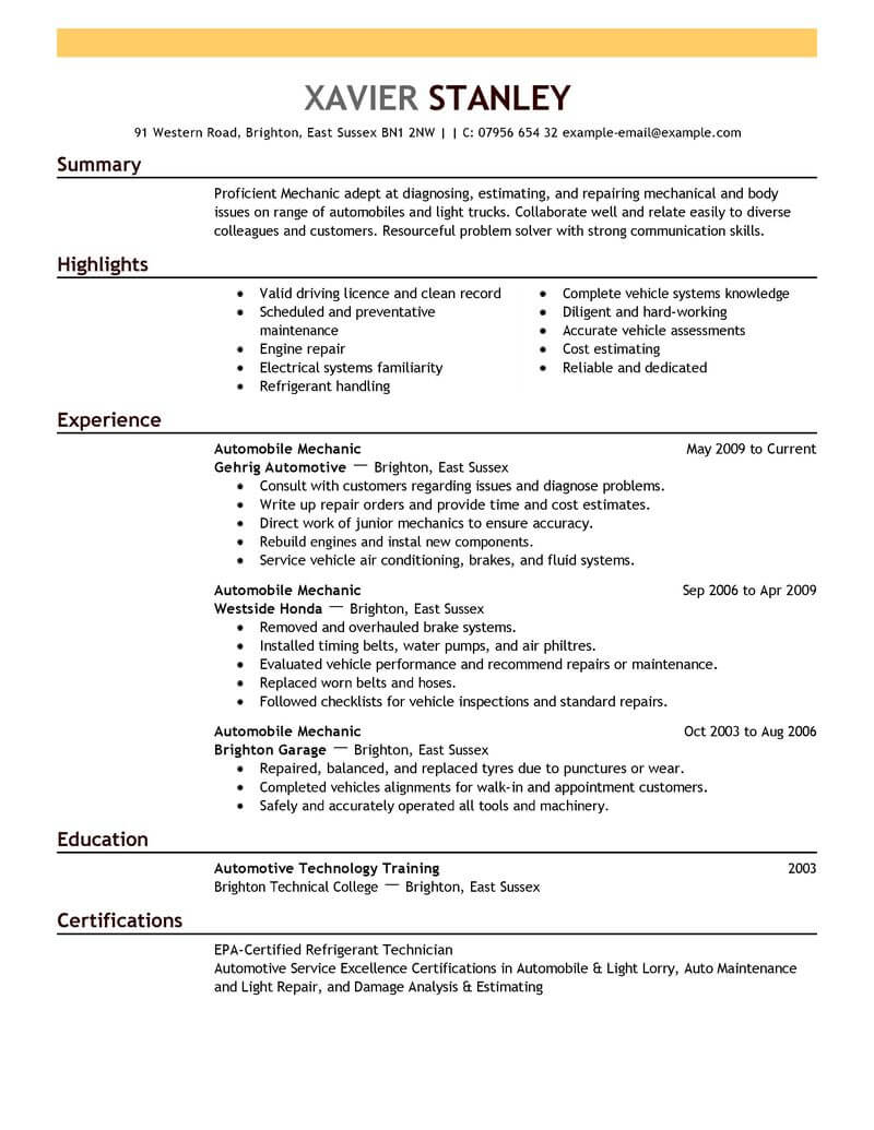 Eye Grabbing Mechanic Resumes Samples Livecareer throughout sizing 800 X 1035