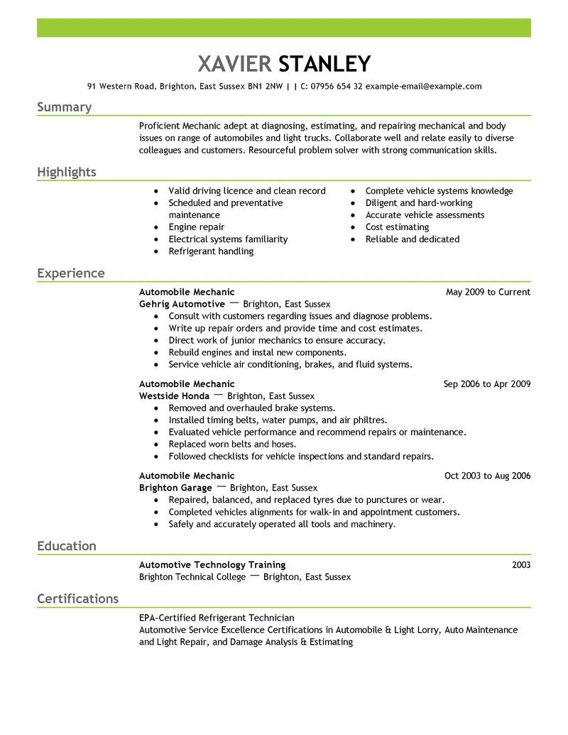 Eye Grabbing Mechanic Resumes Samples Resume Summary inside sizing 800 X 1035