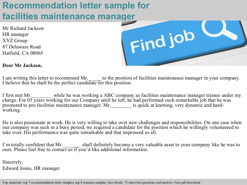 Facilities Maintenance Manager Recommendation Letter for size 1024 X 768