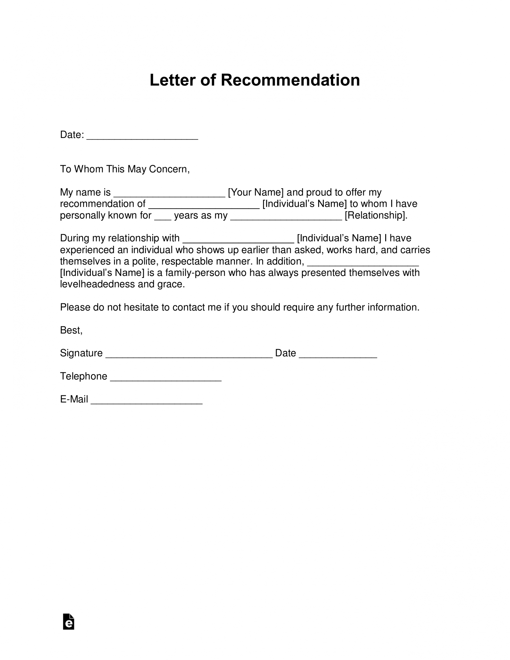 Fill In The Blank Letter Of Recommendation Template Debandje within size 2550 X 3301