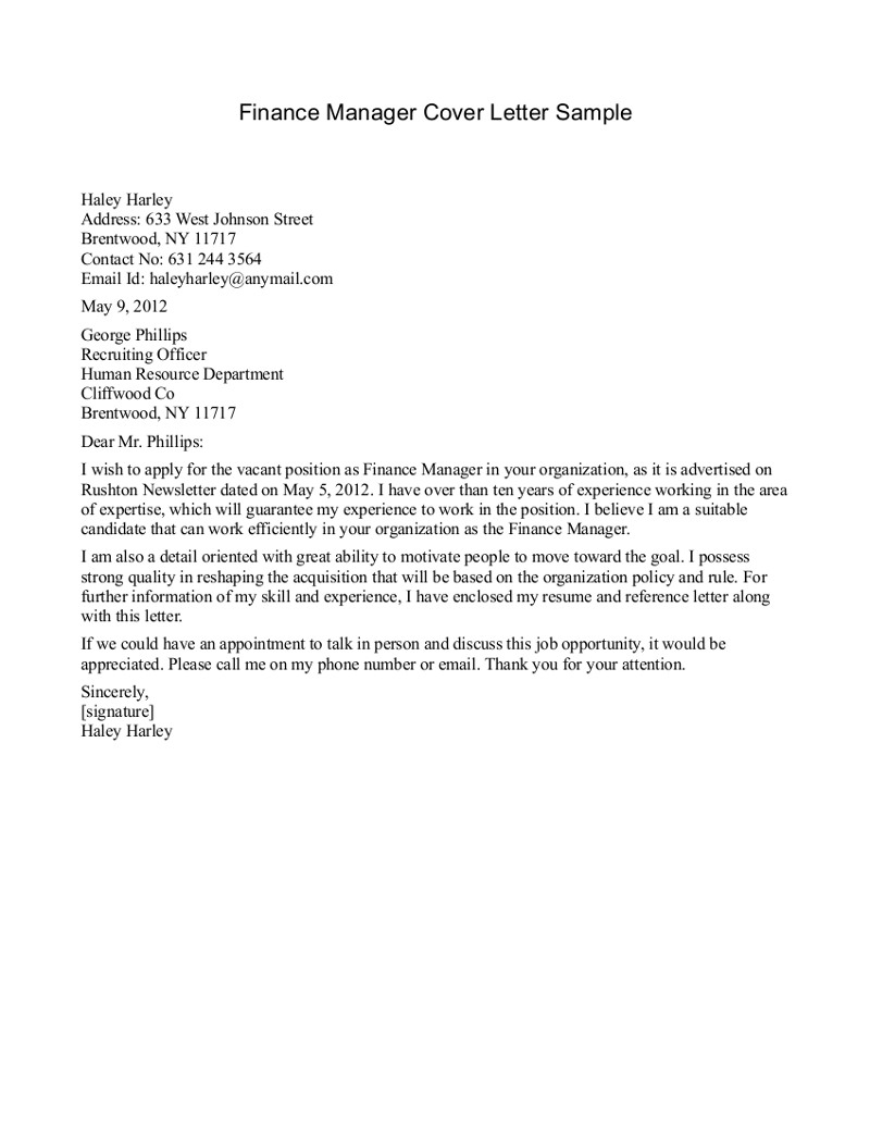 Finance Manager Cover Letter Sample with sizing 800 X 1036