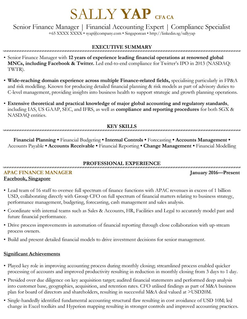 Finance Manager Resume Sample Singapore Cv Template for dimensions 800 X 1035