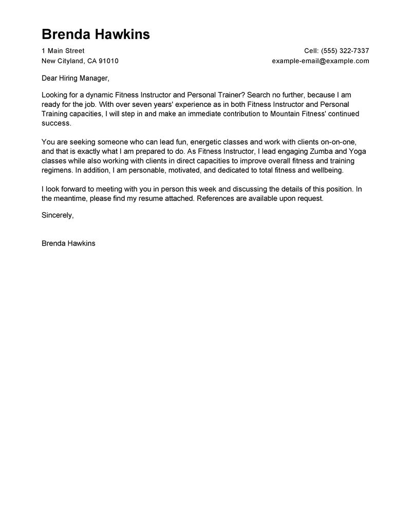 Fitness Instructor Cover Letter Free Example in sizing 800 X 1035