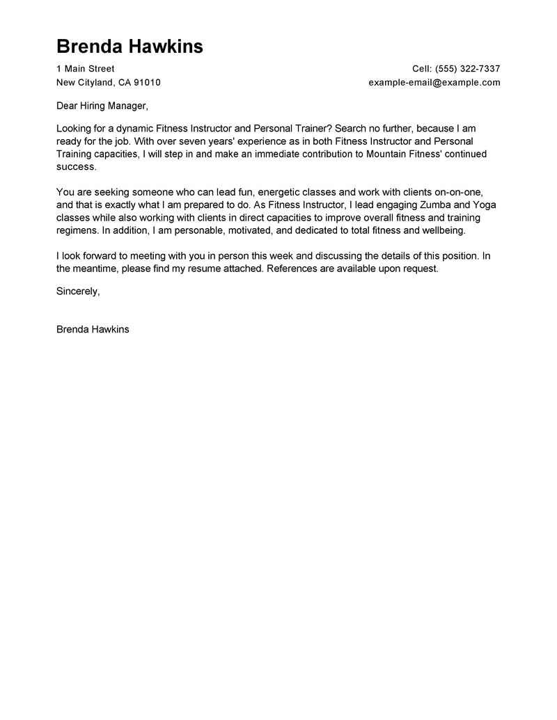 Fitness Instructor Cover Letter Free Example pertaining to sizing 800 X 1035