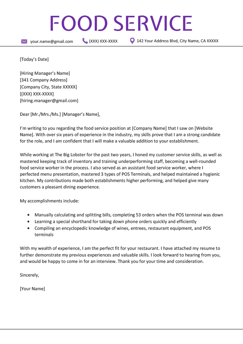 Food Service Cover Letter Sample Cover Letter Example with regard to sizing 800 X 1132