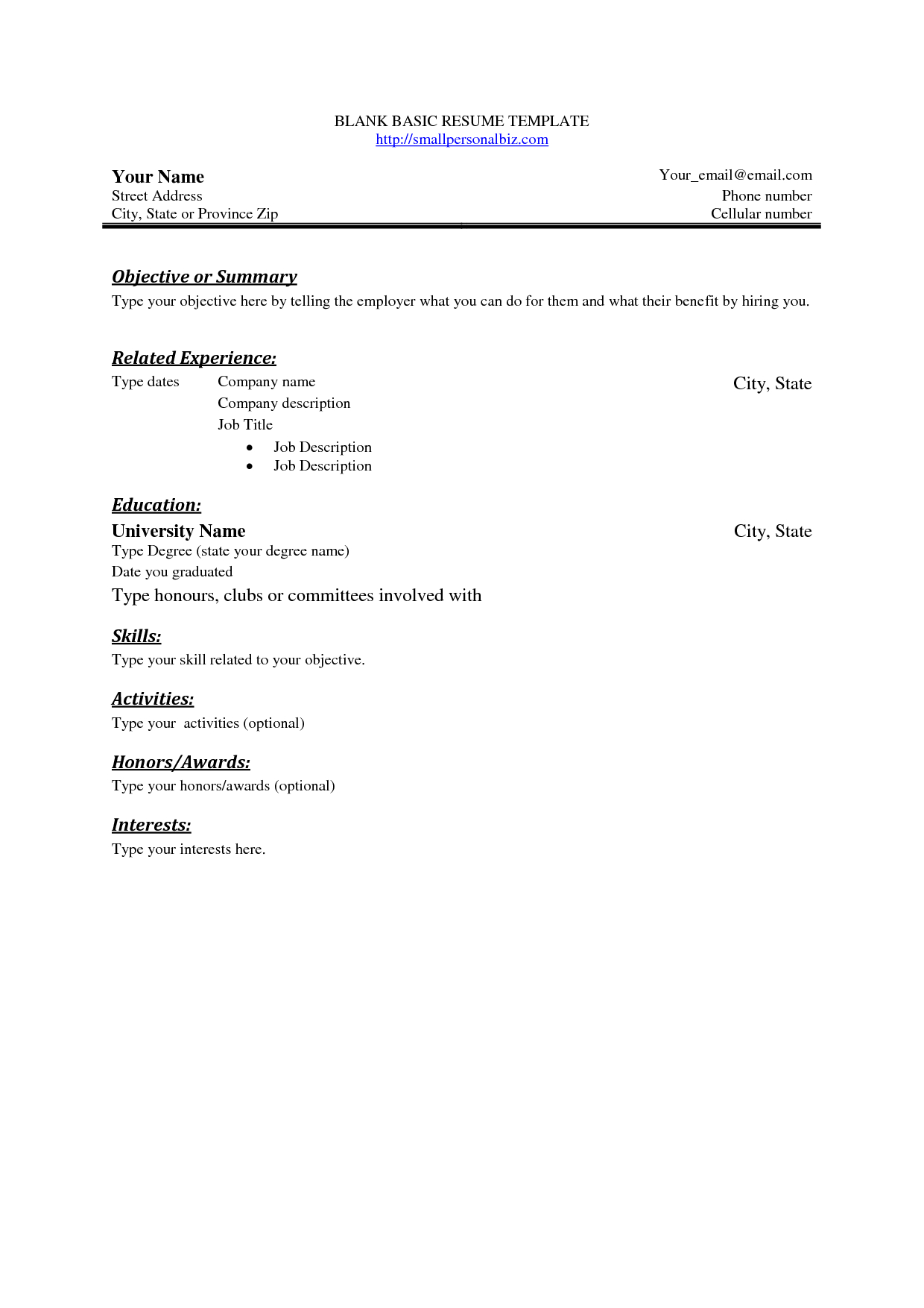 Free Basic Blank Resume Template Free Basic Sample Resume throughout proportions 1240 X 1754