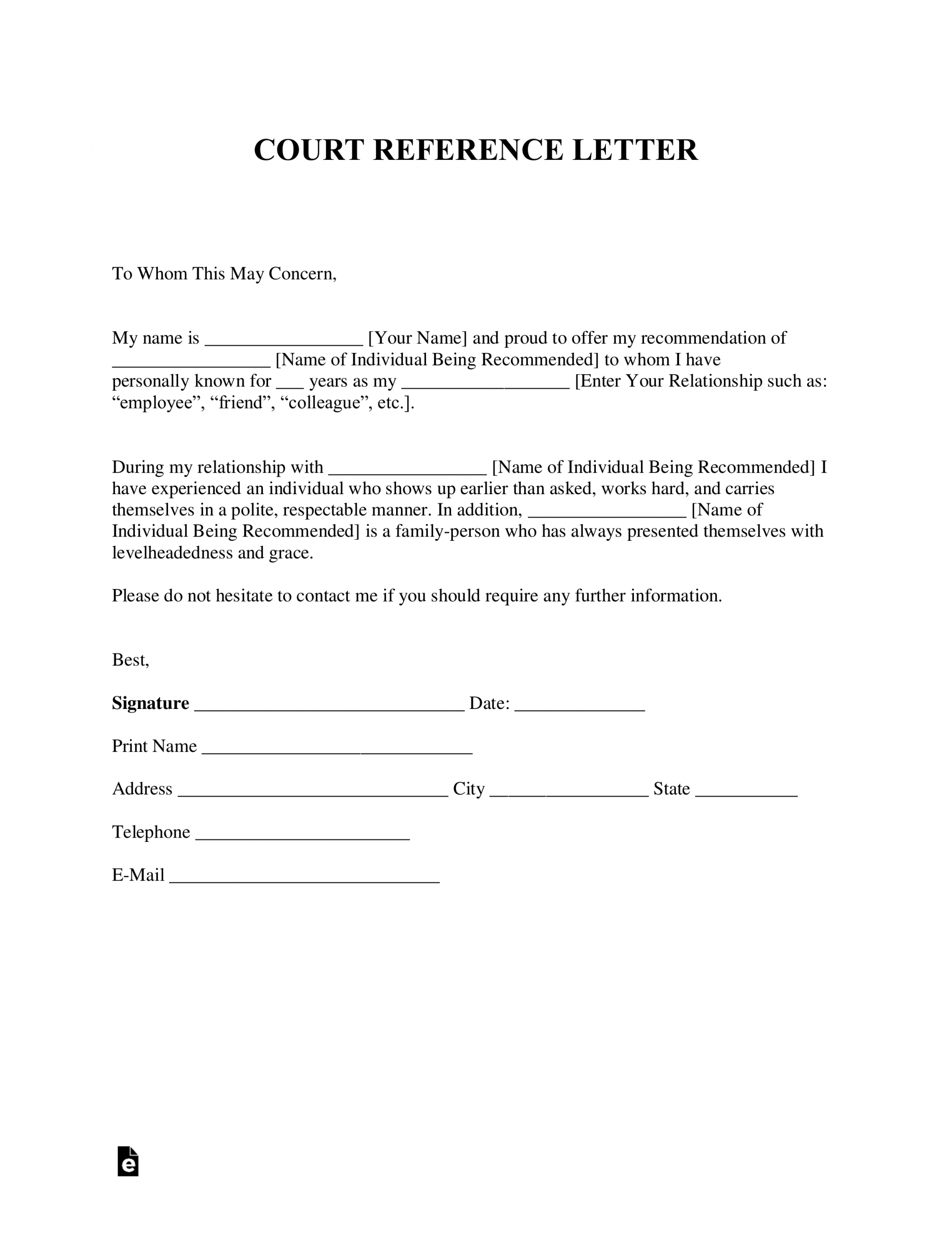 Free Character Reference Letter For Court Template in size 2550 X 3301
