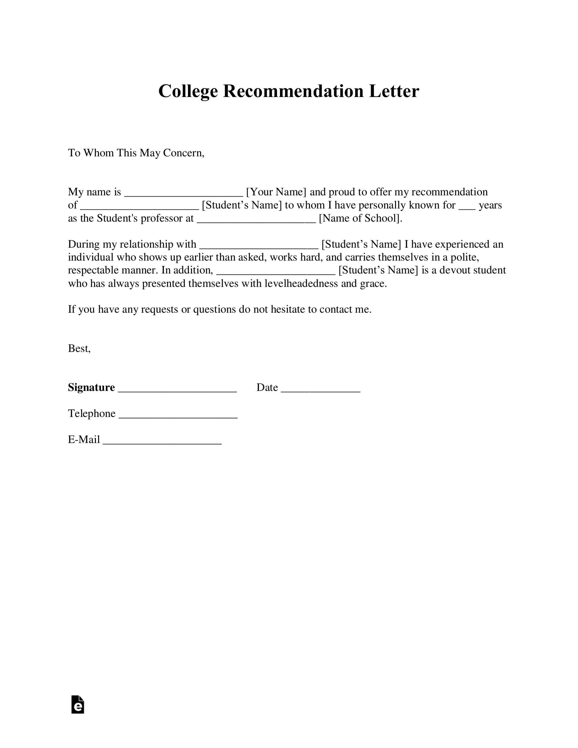 Free College Recommendation Letter Template With Samples for dimensions 2550 X 3301