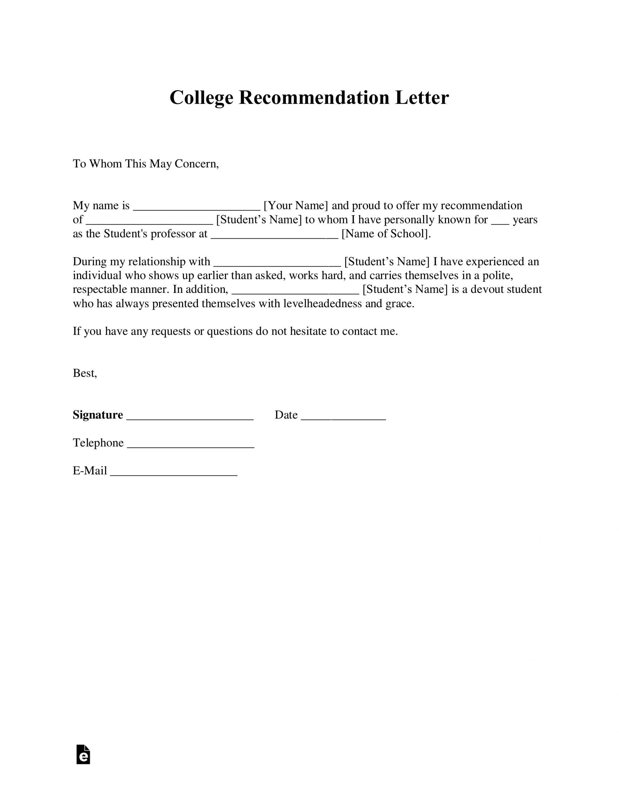 Free College Recommendation Letter Template With Samples for sizing 2550 X 3301