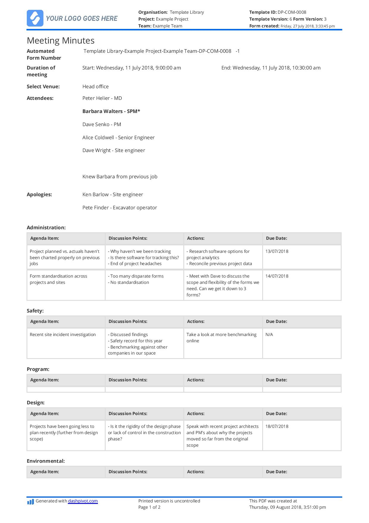 Free Construction Meeting Minutes Template Better Than in proportions 1240 X 1754