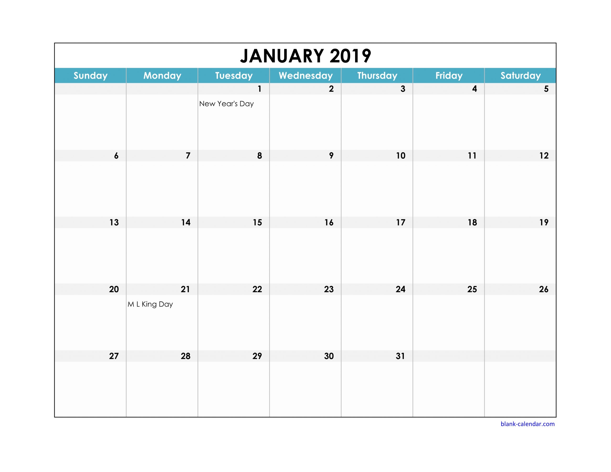 Free Download 2019 Excel Calendar Large Boxes In The Grid in proportions 3300 X 2550
