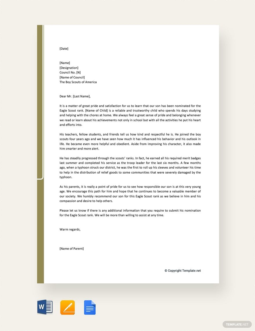 Free Eagle Scout Recommendation Letter From Parent Eagle in sizing 880 X 1140