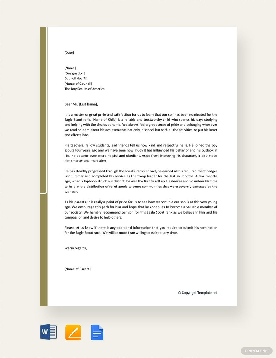 Free Eagle Scout Recommendation Letter From Parent Eagle intended for size 880 X 1140